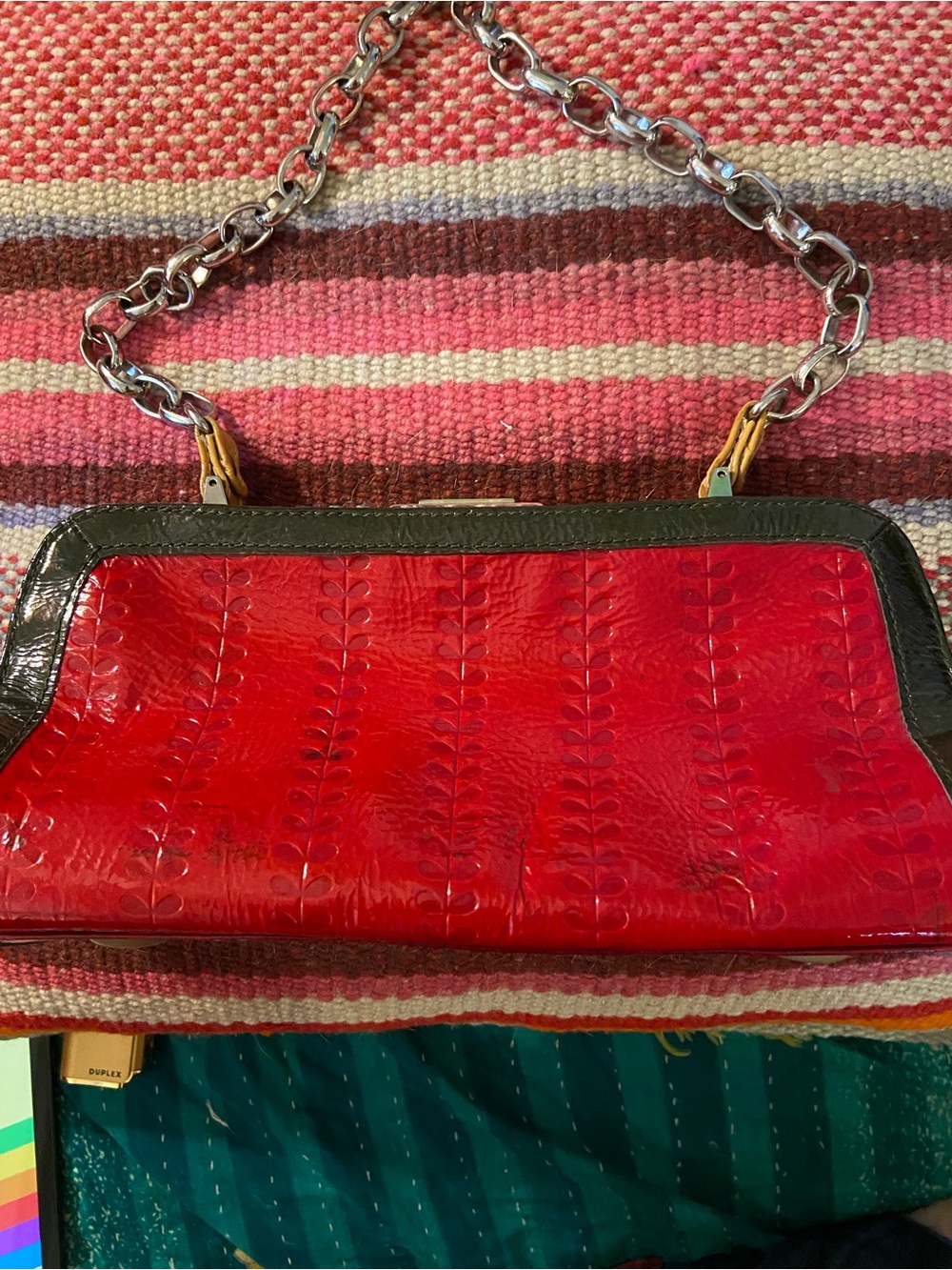 Orla Kiely Red Patent Clutch with Dark Trim and Chain Handle